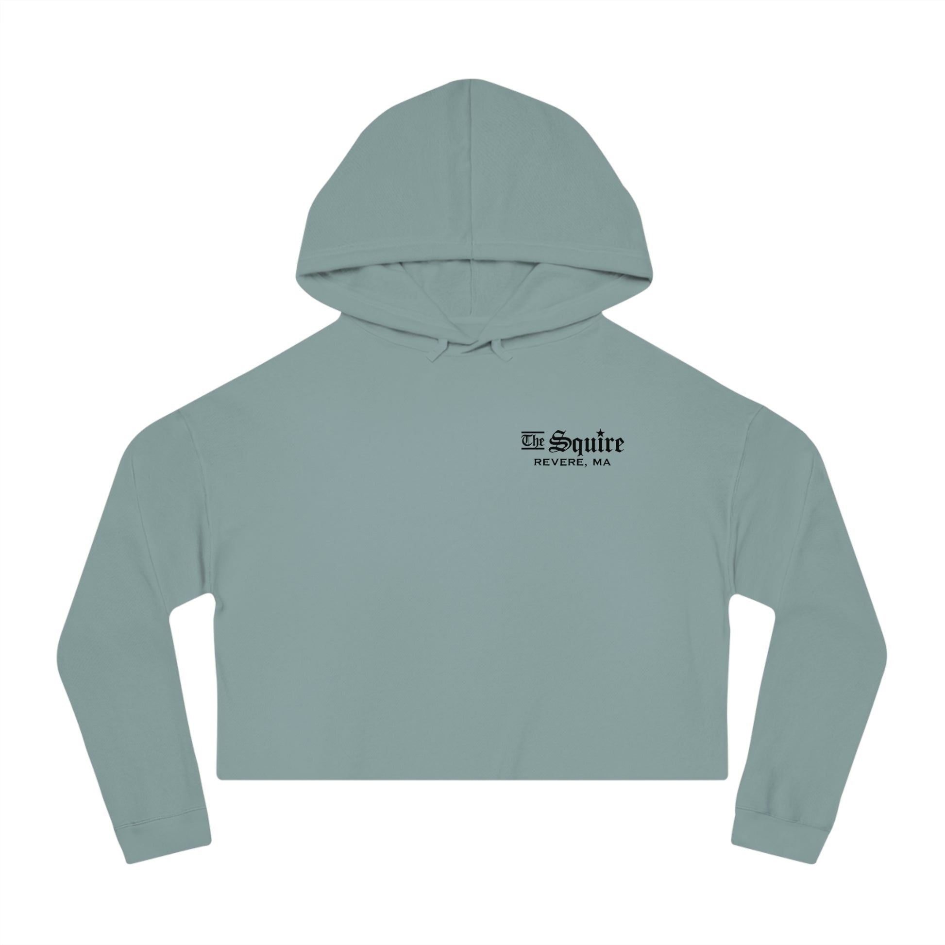 Sage green women's cropped hooded sweatshirt with The Squire Revere, MA black text logo on the chest.