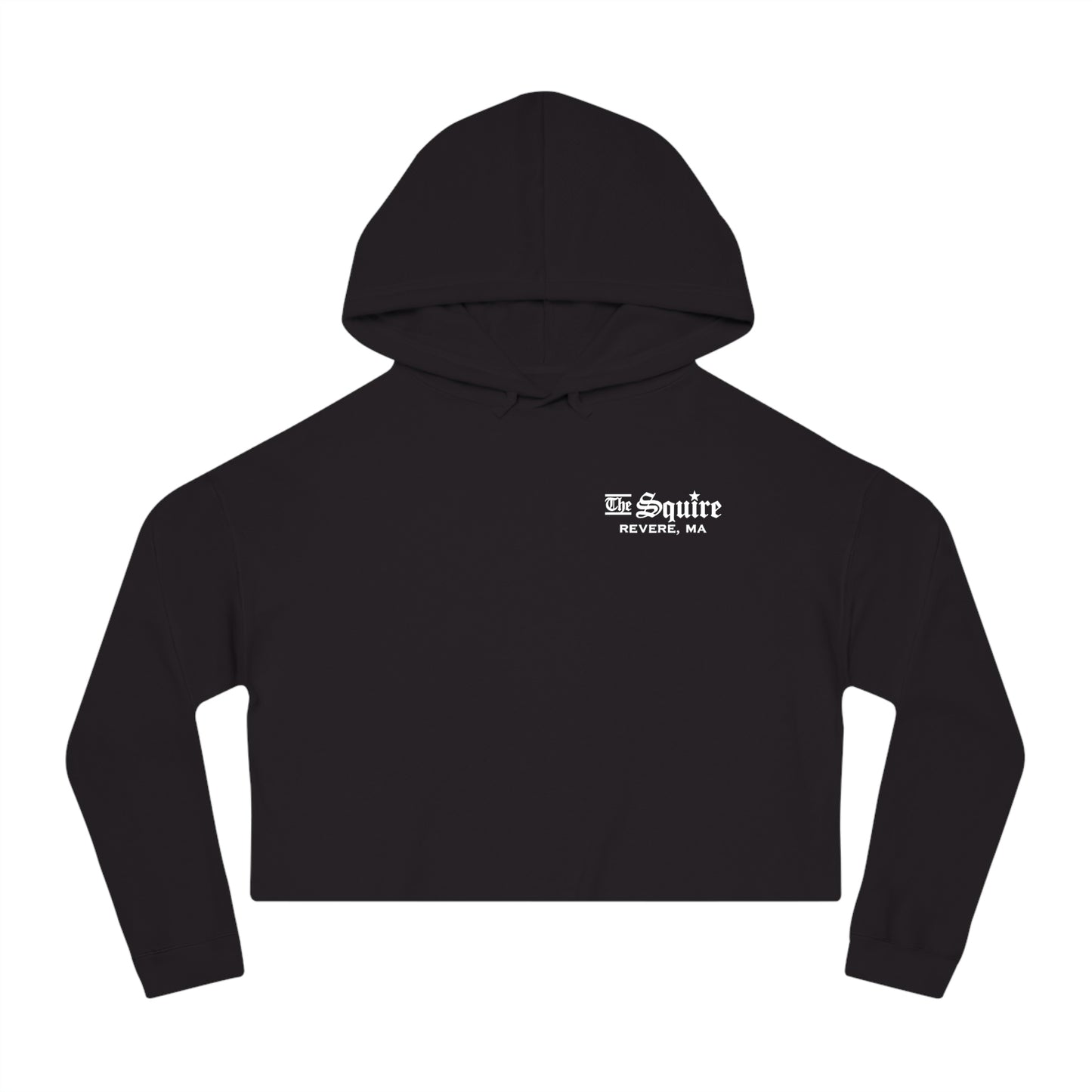 Black women's cropped hooded sweatshirt with The Squire Revere, MA white logo on the chest.