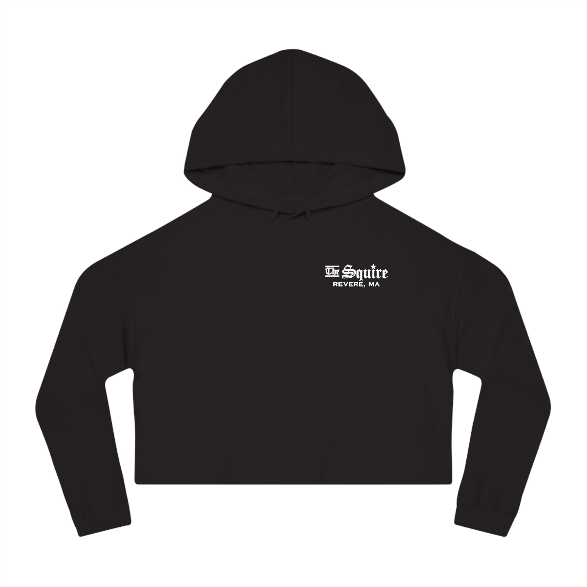 Black women's cropped hooded sweatshirt with The Squire Revere, MA white logo on the chest.