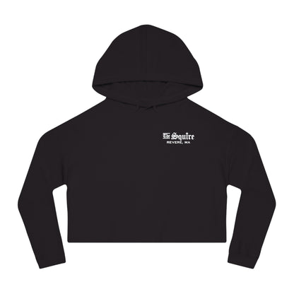 Black women's cropped hooded sweatshirt with The Squire Revere, MA white logo on the chest.