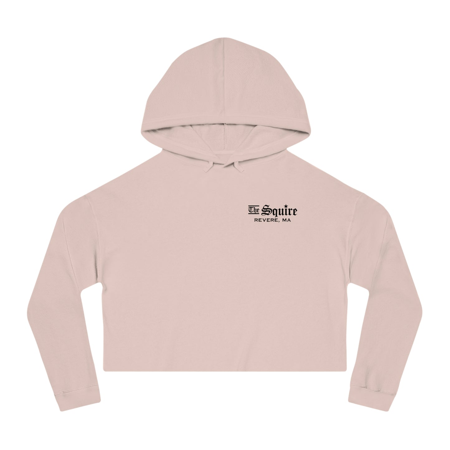 Light pink women's cropped hooded sweatshirt with The Squire Revere, MA black text logo on the chest.