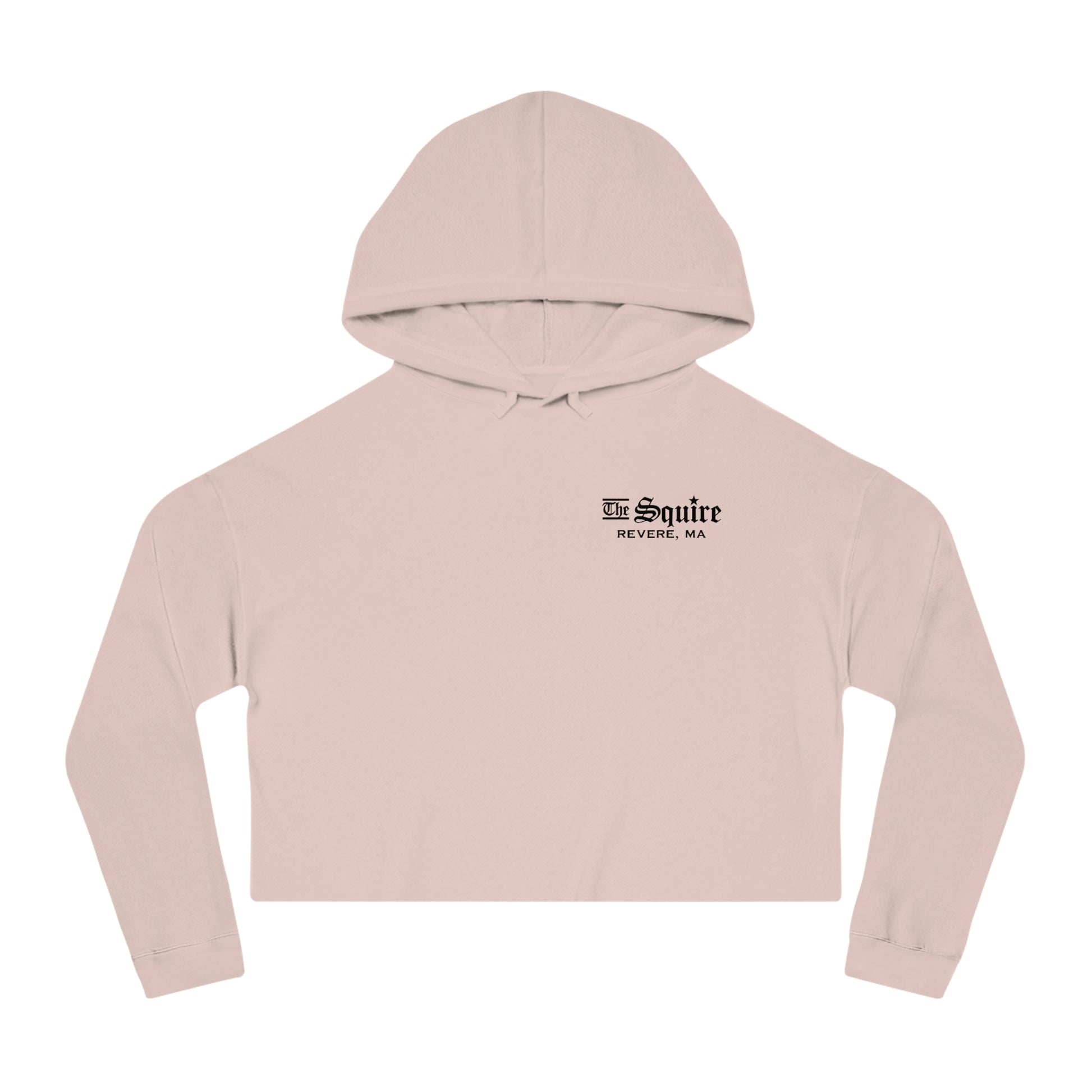 Light pink women's cropped hooded sweatshirt with The Squire Revere, MA black text logo on the chest.