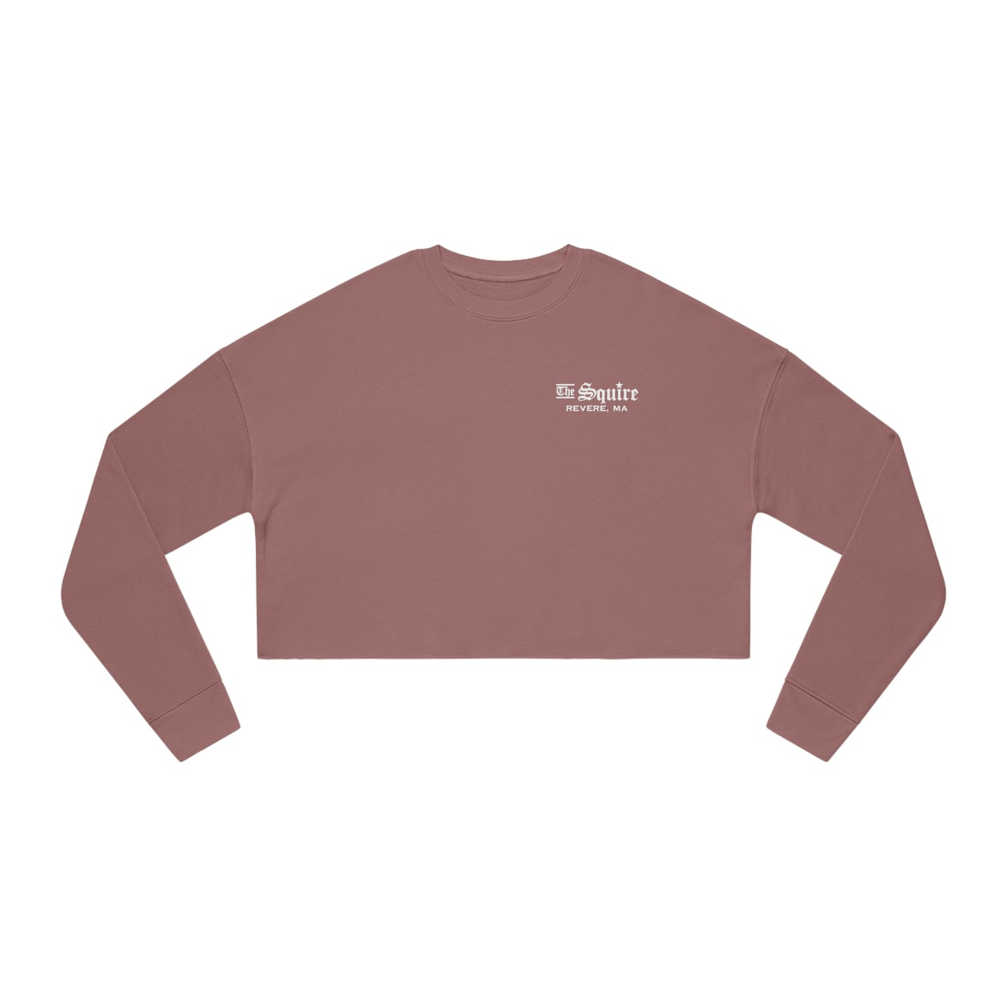Dusty rose relaxed-fit women's cropped sweatshirt with The Squire Revere, MA white chest logo.