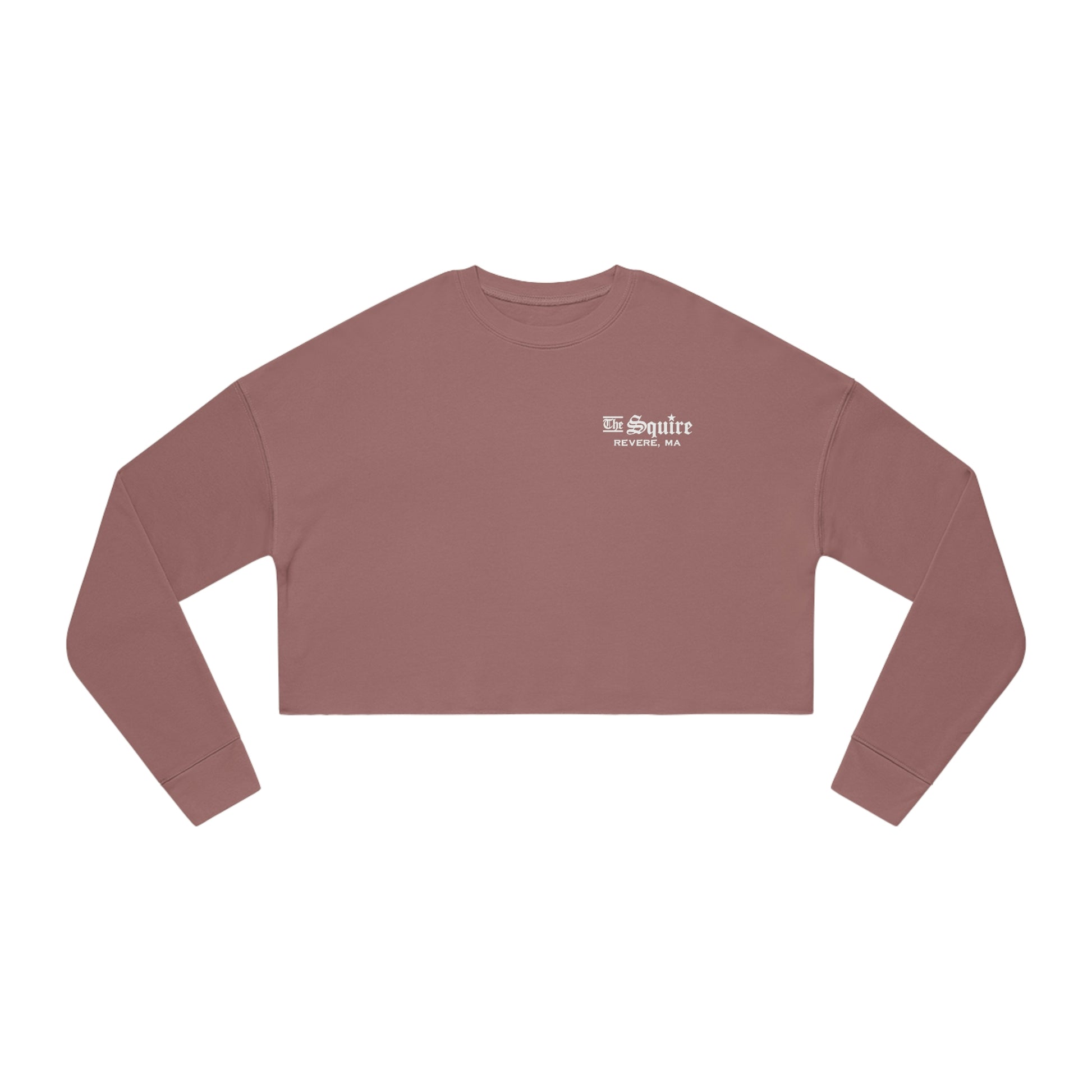 Dusty rose relaxed-fit women's cropped sweatshirt with The Squire Revere, MA white chest logo.