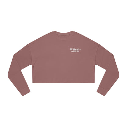 Dusty rose relaxed-fit women's cropped sweatshirt with The Squire Revere, MA white chest logo.