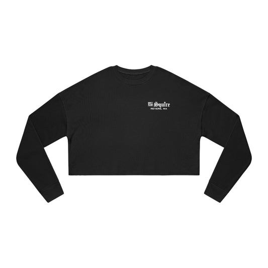 Black relaxed-fit women's cropped sweatshirt with white The Squire Revere, MA text on the chest.