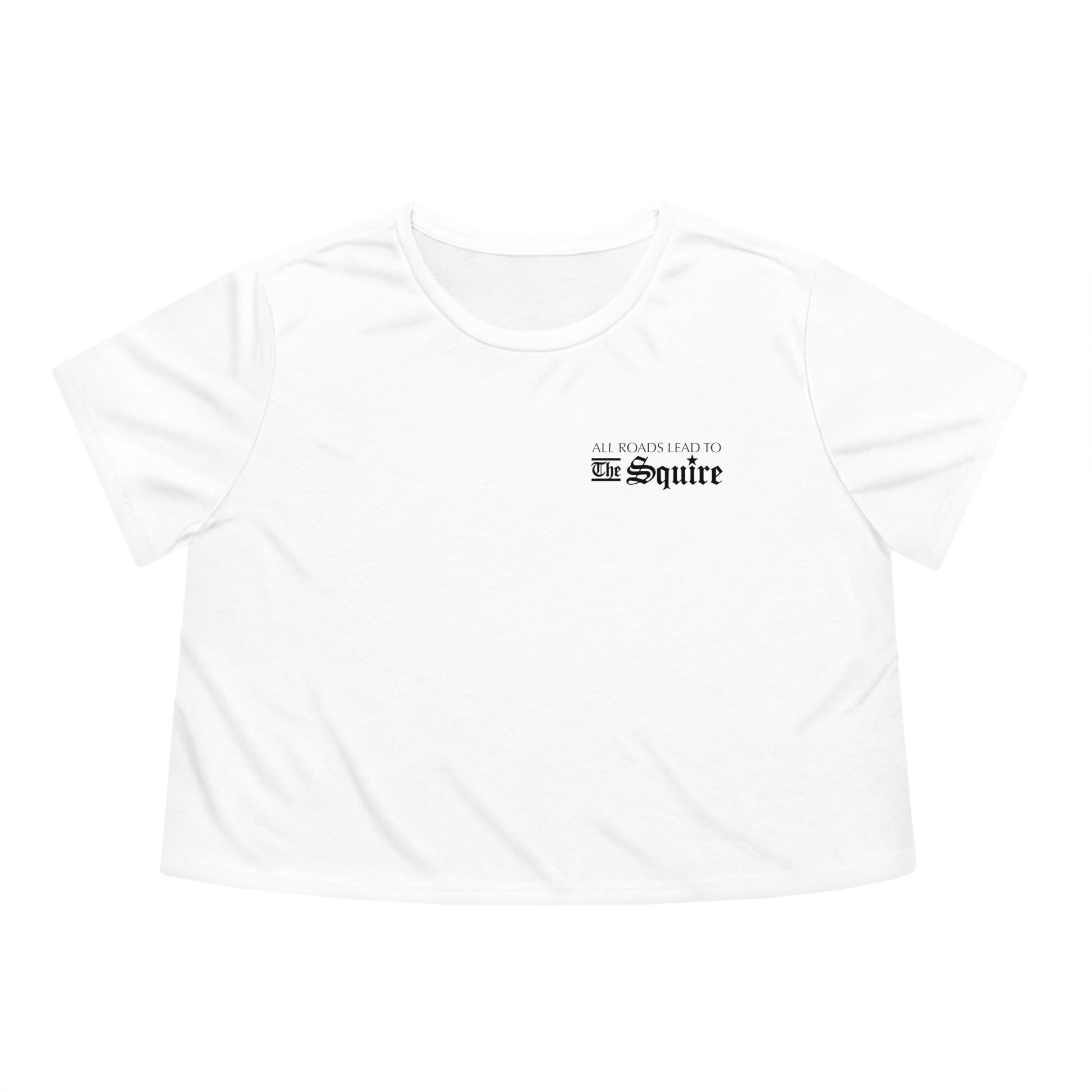 White flowy women's cropped tee with All Roads Lead to The Squire text printed on the chest.