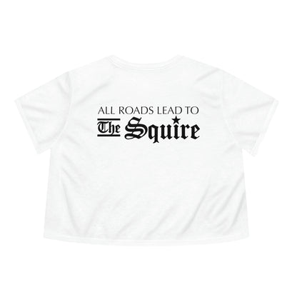 White flowy women's cropped tee featuring black All Roads Lead to The Squire text on the back.