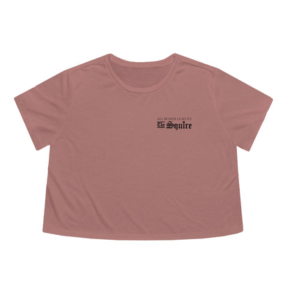 Dusty rose women's flowy cropped tee with black All Roads Lead to The Squire text on the chest.