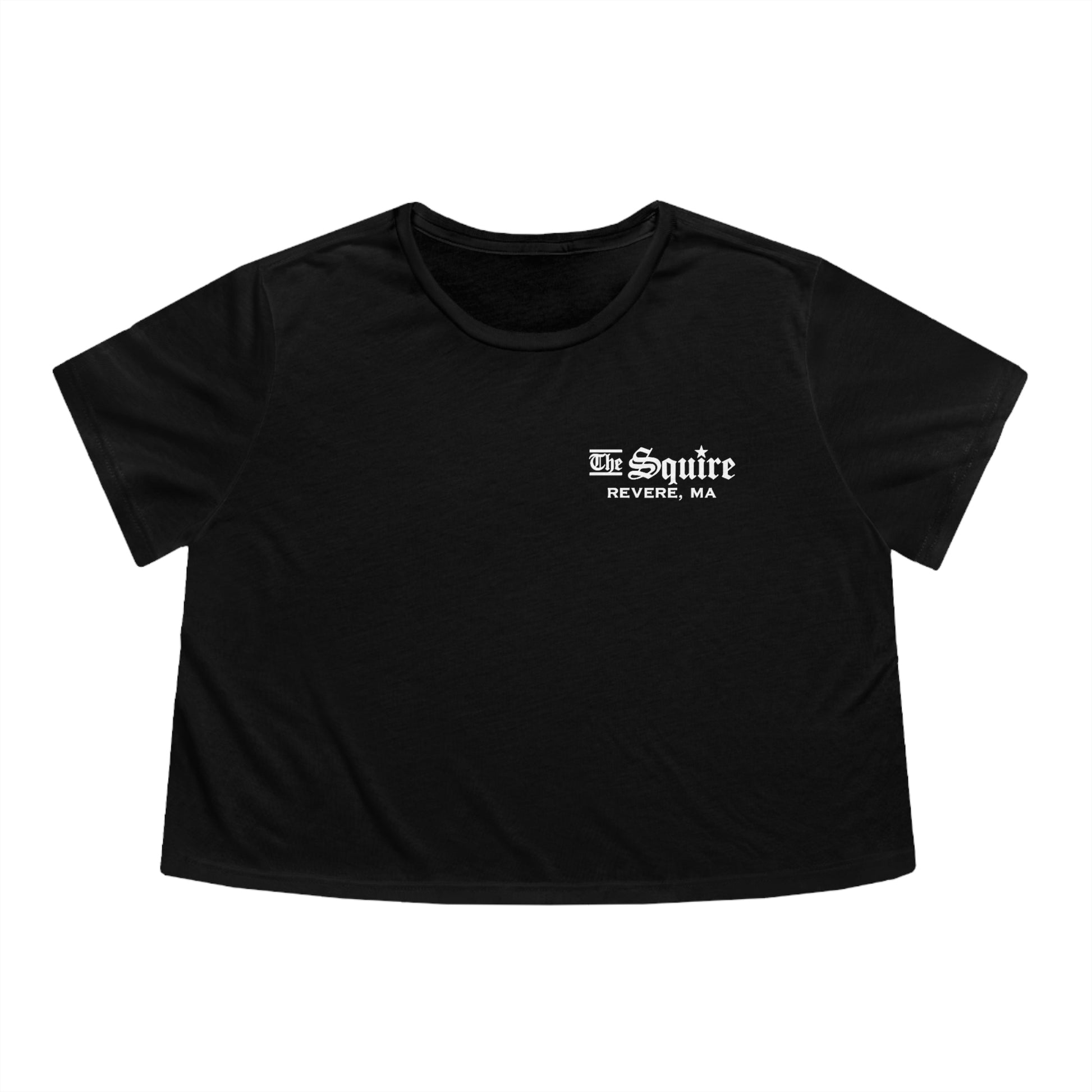 Black flowy cropped women's tee featuring The Squire Revere, MA white logo on the chest.