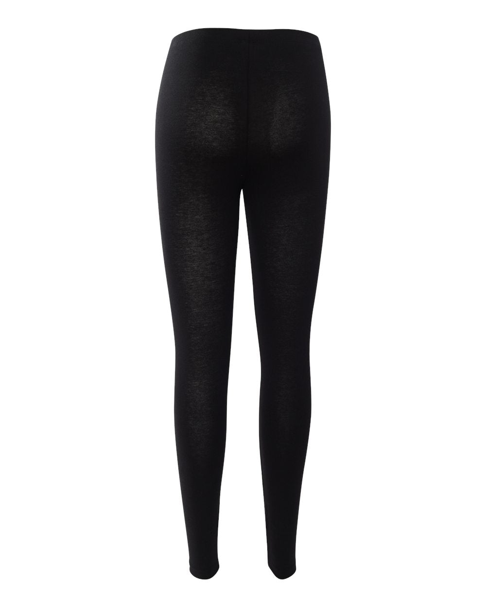 Back view of black form-fitting cotton-spandex leggings with a tunneled elastic waistband.
