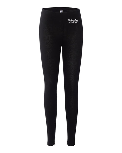 Black form-fitting cotton-spandex leggings with a white The Squire Revere, MA logo on the hip.