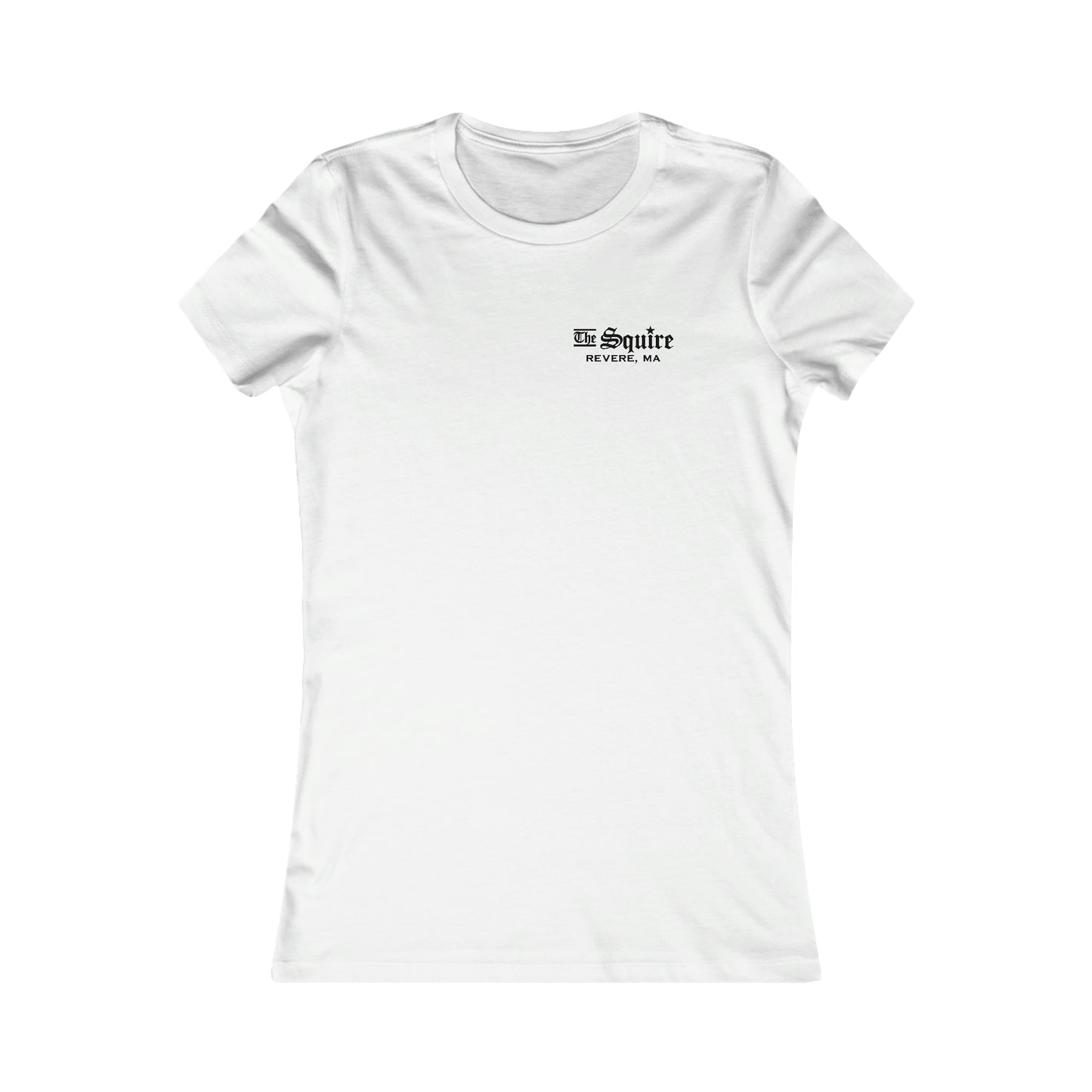 White slim-fit women's cotton t-shirt featuring a small black The Squire Revere, MA logo on the left chest.