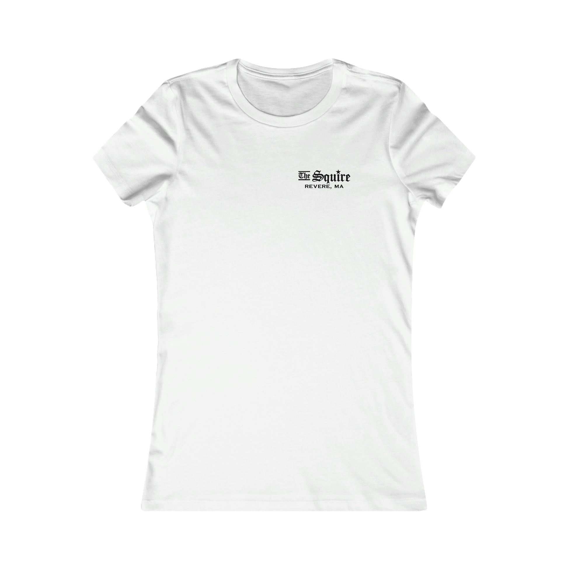 White slim-fit women's cotton t-shirt featuring a small black The Squire Revere, MA logo on the left chest.