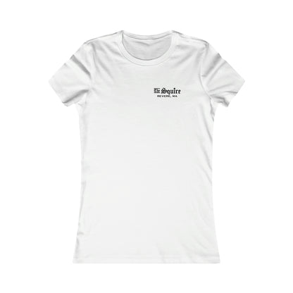 White slim-fit women's cotton t-shirt featuring a small black The Squire Revere, MA logo on the left chest.