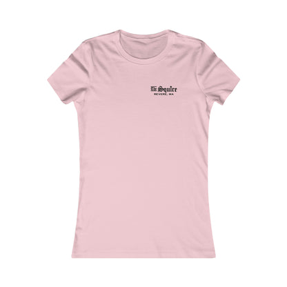 Light pink slim-fit women's cotton t-shirt featuring a small black The Squire Revere, MA logo on the left chest.