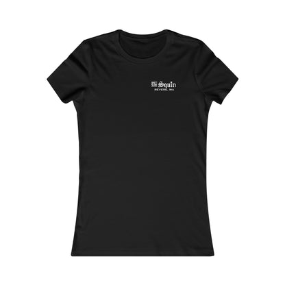 Black slim-fit women's cotton t-shirt featuring a small white The Squire Revere, MA logo on the left chest.