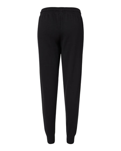 Back view of black women's fleece sweatpants with an elastic waistband and ribbed ankle cuffs.