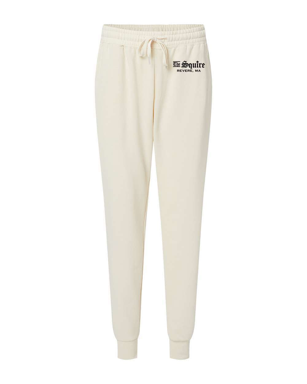 Cream-colored women's fleece sweatpants with an elastic drawstring waist, ribbed ankle cuffs, and The Squire logo.