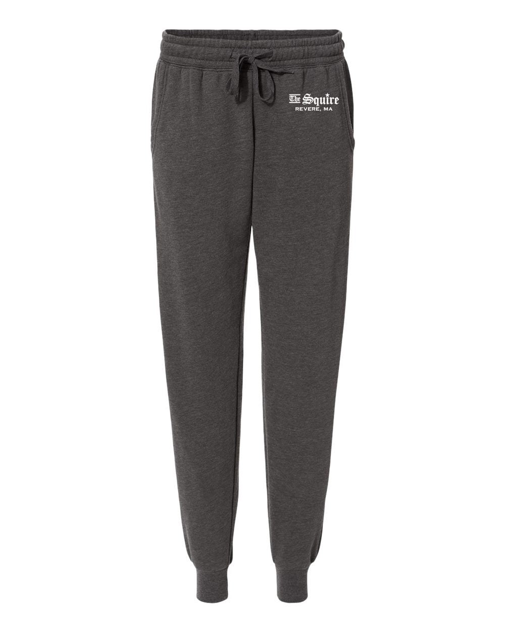 Charcoal grey fleece sweatpants with elastic waistband, drawcord, and The Squire Revere, MA logo on the hip.