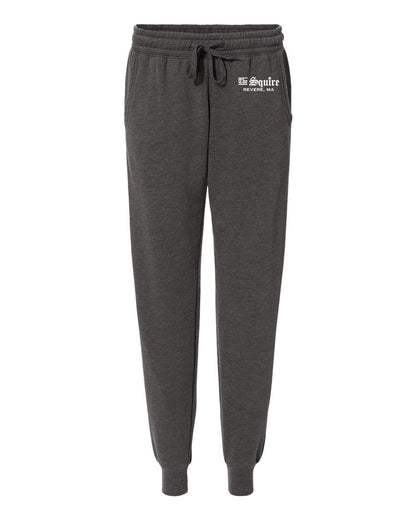 Charcoal grey fleece sweatpants with elastic waistband, drawcord, and The Squire Revere, MA logo on the hip.