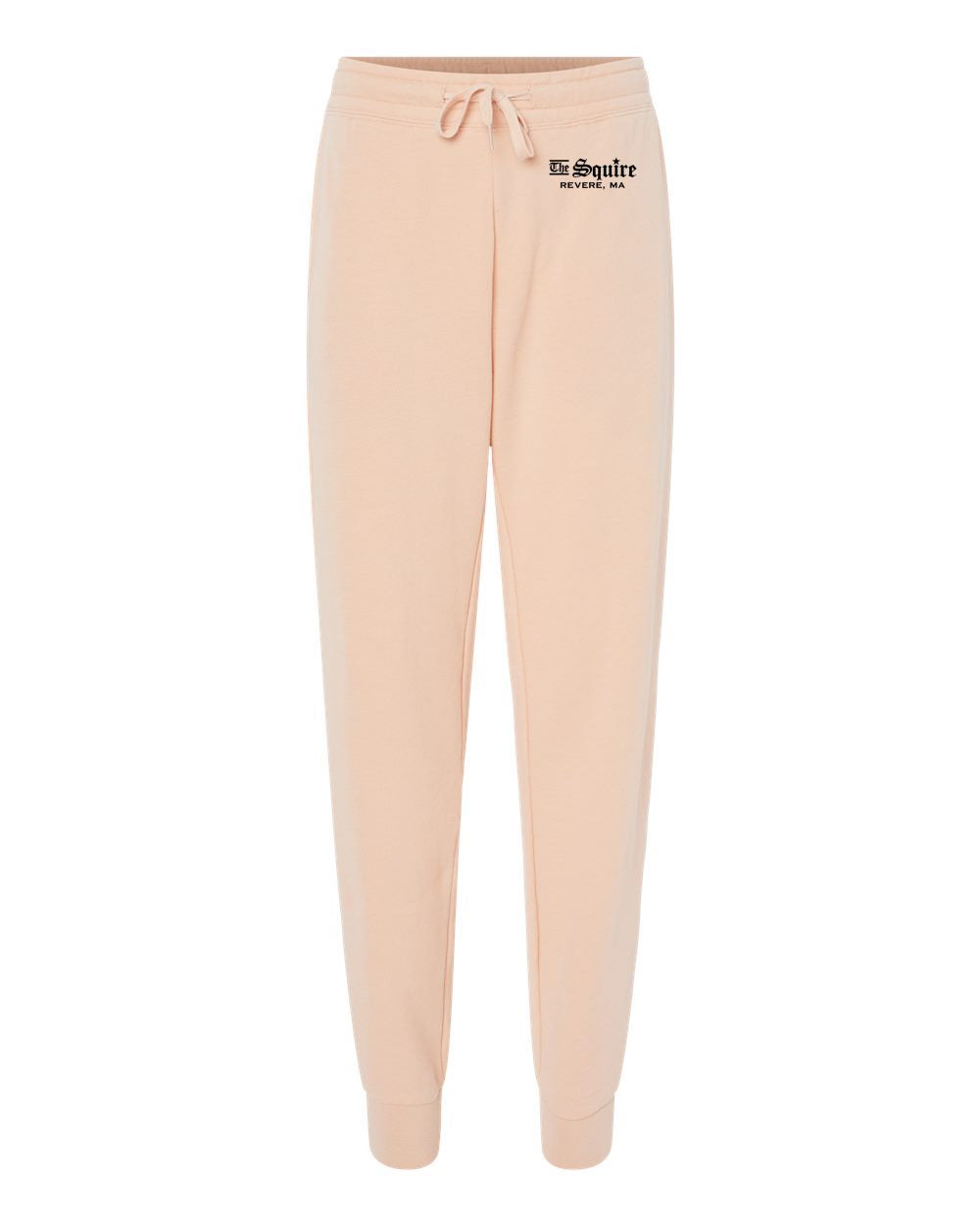 Peach-colored women's fleece sweatpants with an elastic drawstring waist, cuffed ankles, and The Squire Revere, MA logo.