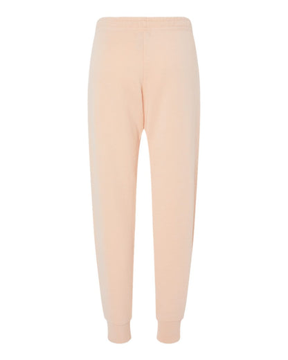 Peach-colored women's fleece sweatpants with an elastic waistband, drawstring, and ribbed ankle cuffs.