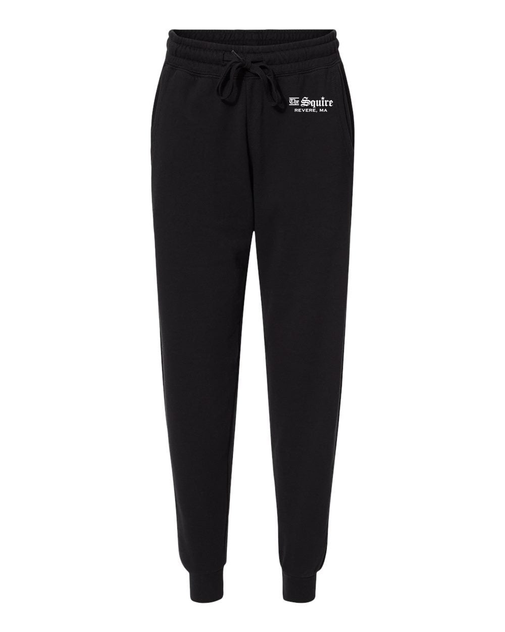 Black fleece women's sweatpants with an elastic drawstring waist, cuffed ankles, and The Squire Revere, MA logo.