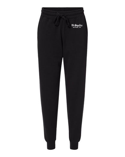 Black fleece women's sweatpants with an elastic drawstring waist, cuffed ankles, and The Squire Revere, MA logo.